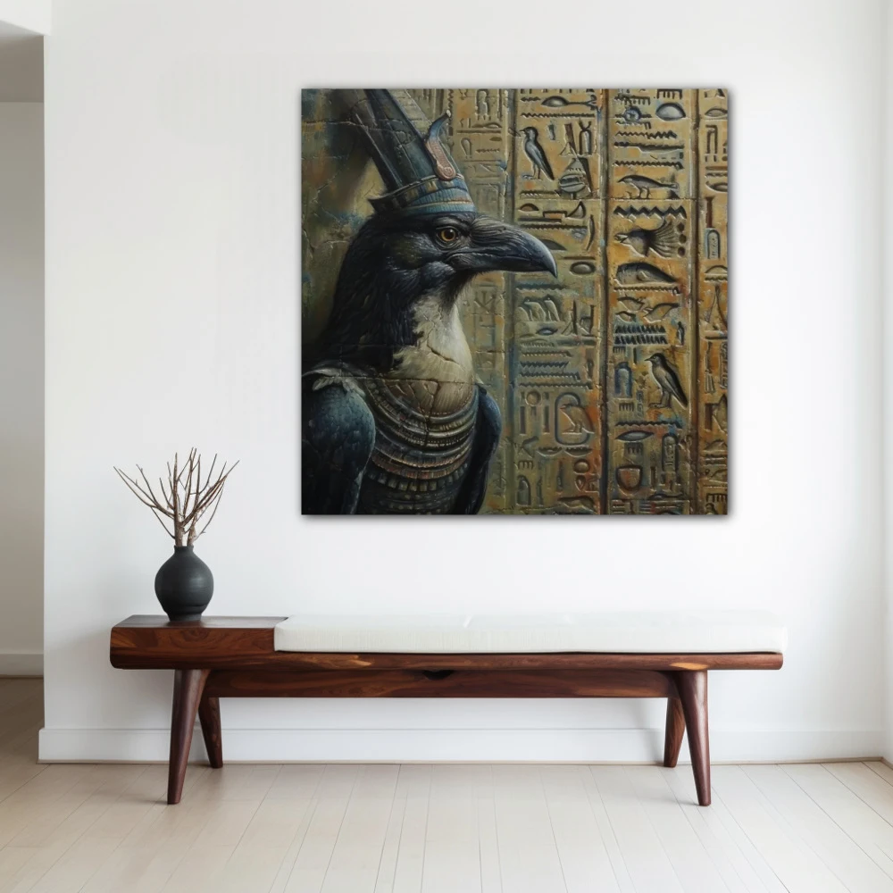 Wall Art titled: Pharaoh's Legacy in a Square format with: Green, and Monochromatic Colors; Decoration the White Wall wall