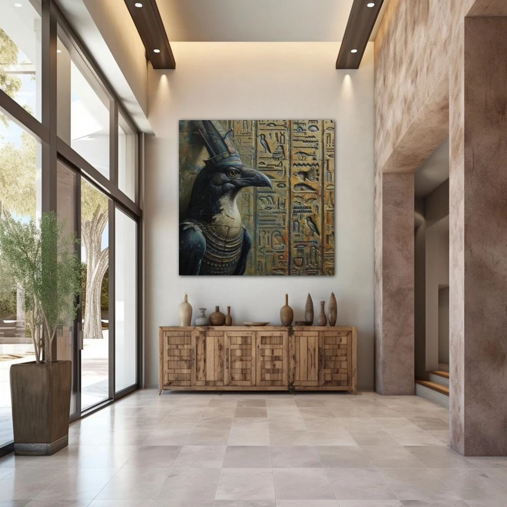 Cuadro legado del faraón en formato cuadrado con colores verde, monocromático; decorando pared de entrada y recibidor