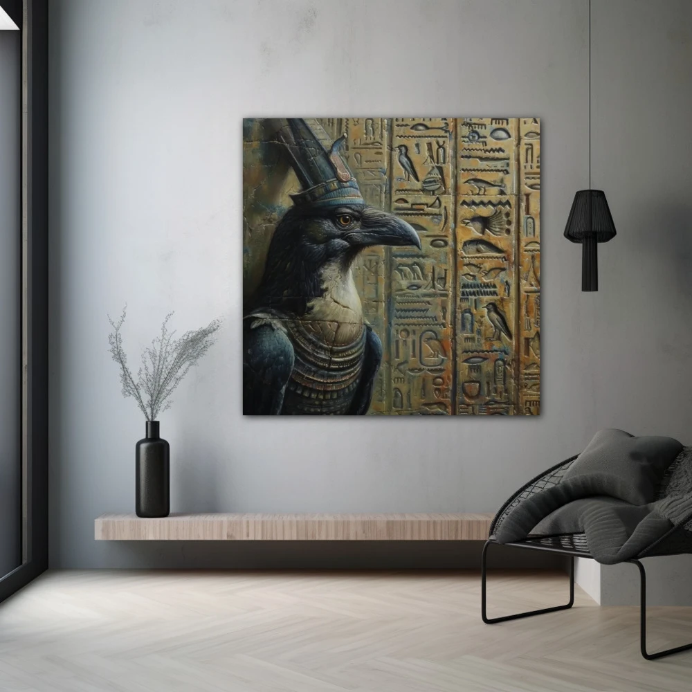 Wall Art titled: Pharaoh's Legacy in a Square format with: Green, and Monochromatic Colors; Decoration the Grey Walls wall