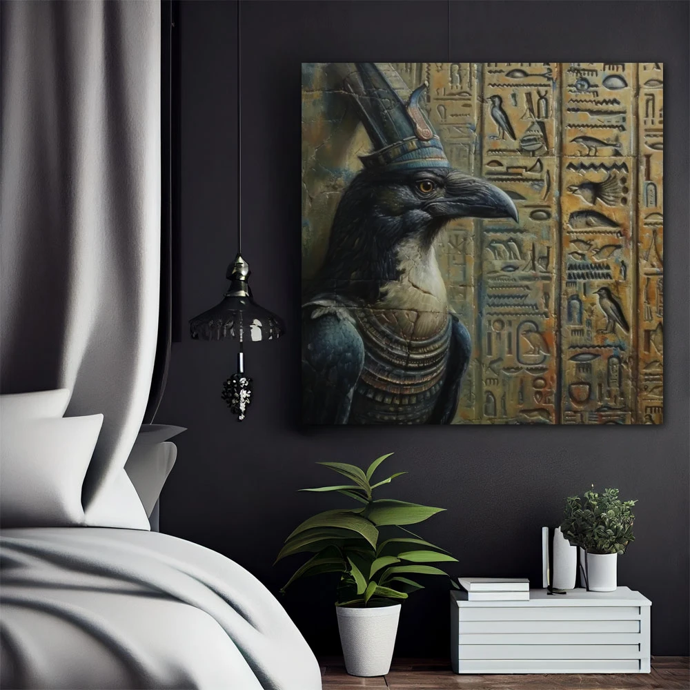 Cuadro legado del faraón en formato cuadrado con colores verde, monocromático; decorando pared de habitación dormitorio