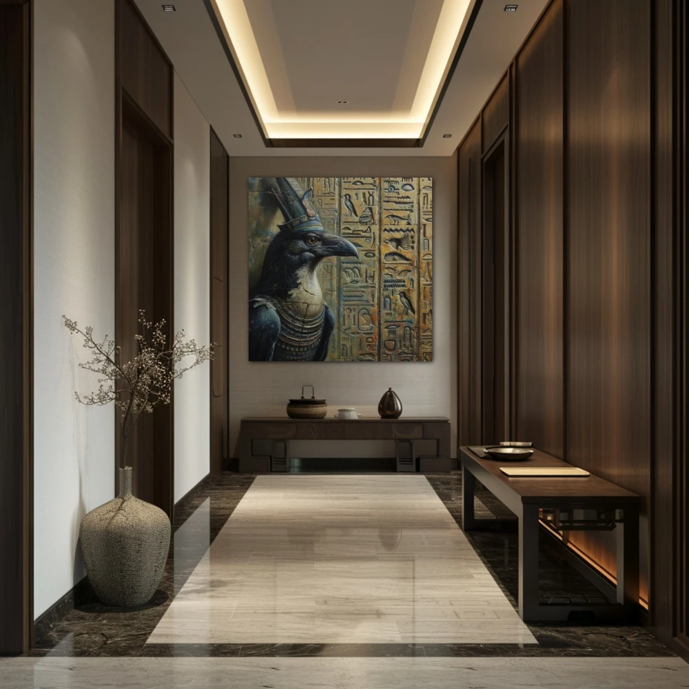 Wall Art titled: Pharaoh's Legacy in a Square format with: Green, and Monochromatic Colors; Decoration the Hallway wall