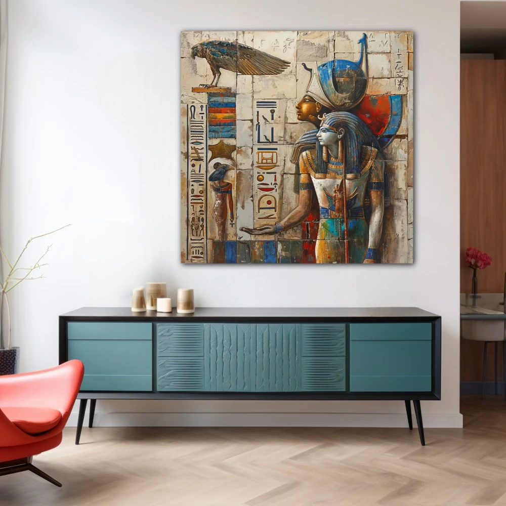Wall Art titled: Between Gods and Men in a Square format with: Blue, white, and Golden Colors; Decoration the Sideboard wall