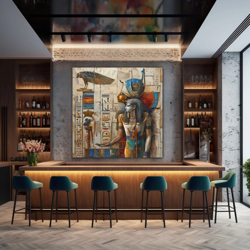 Wall Art titled: Between Gods and Men in a Square format with: Blue, white, and Golden Colors; Decoration the Bar wall