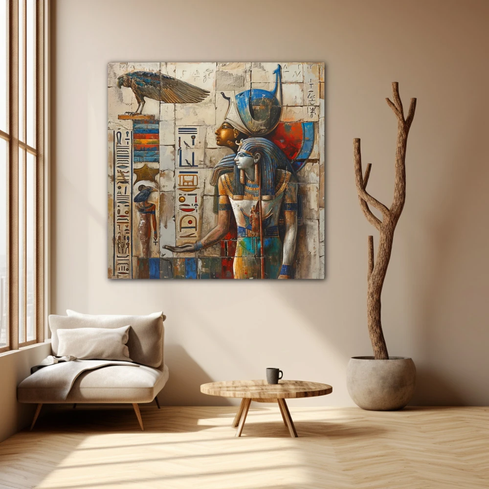 Wall Art titled: Between Gods and Men in a Square format with: Blue, white, and Golden Colors; Decoration the Beige Wall wall