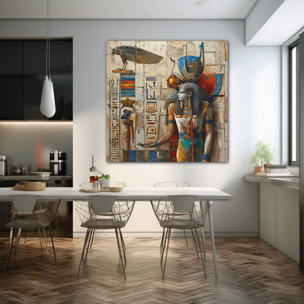 Wall Art titled: Between Gods and Men in a Square format with: Blue, white, and Golden Colors; Decoration the Kitchen wall