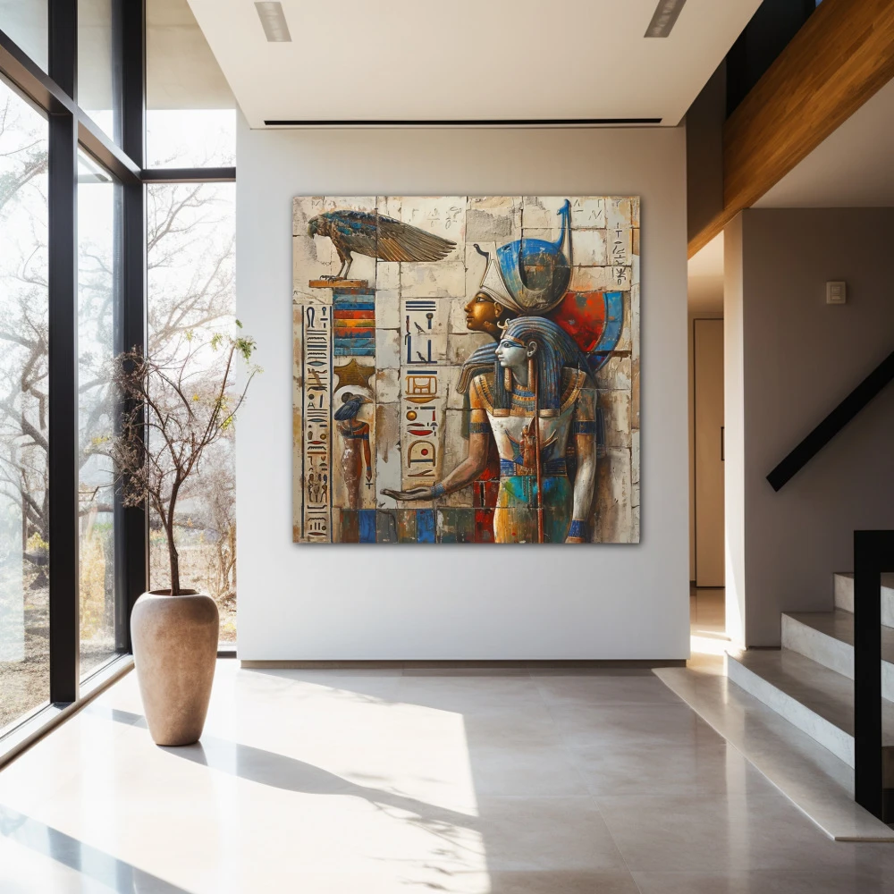 Wall Art titled: Between Gods and Men in a Square format with: Blue, white, and Golden Colors; Decoration the Entryway wall