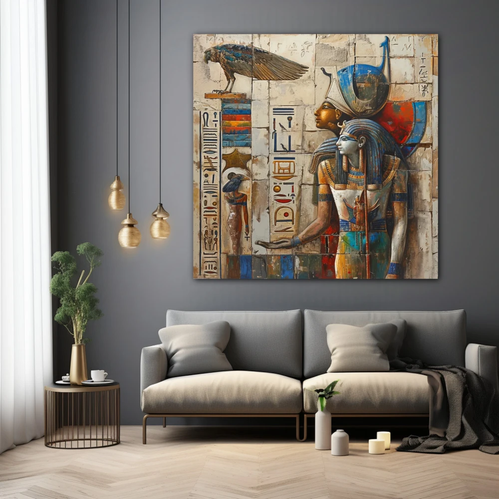 Wall Art titled: Between Gods and Men in a Square format with: Blue, white, and Golden Colors; Decoration the Grey Walls wall