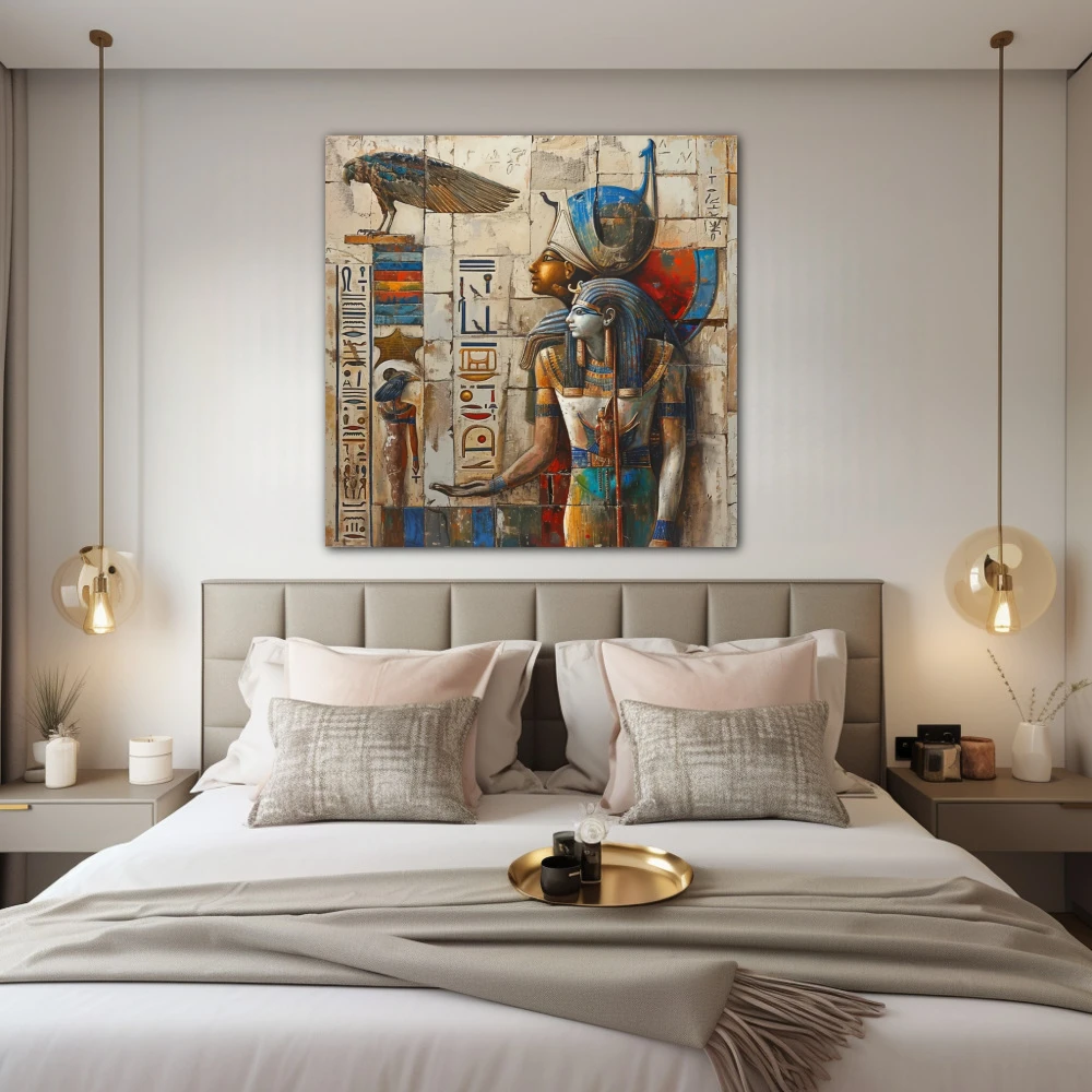Cuadro entre dioses y hombres en formato cuadrado con colores azul, blanco, dorado; decorando pared de habitación dormitorio