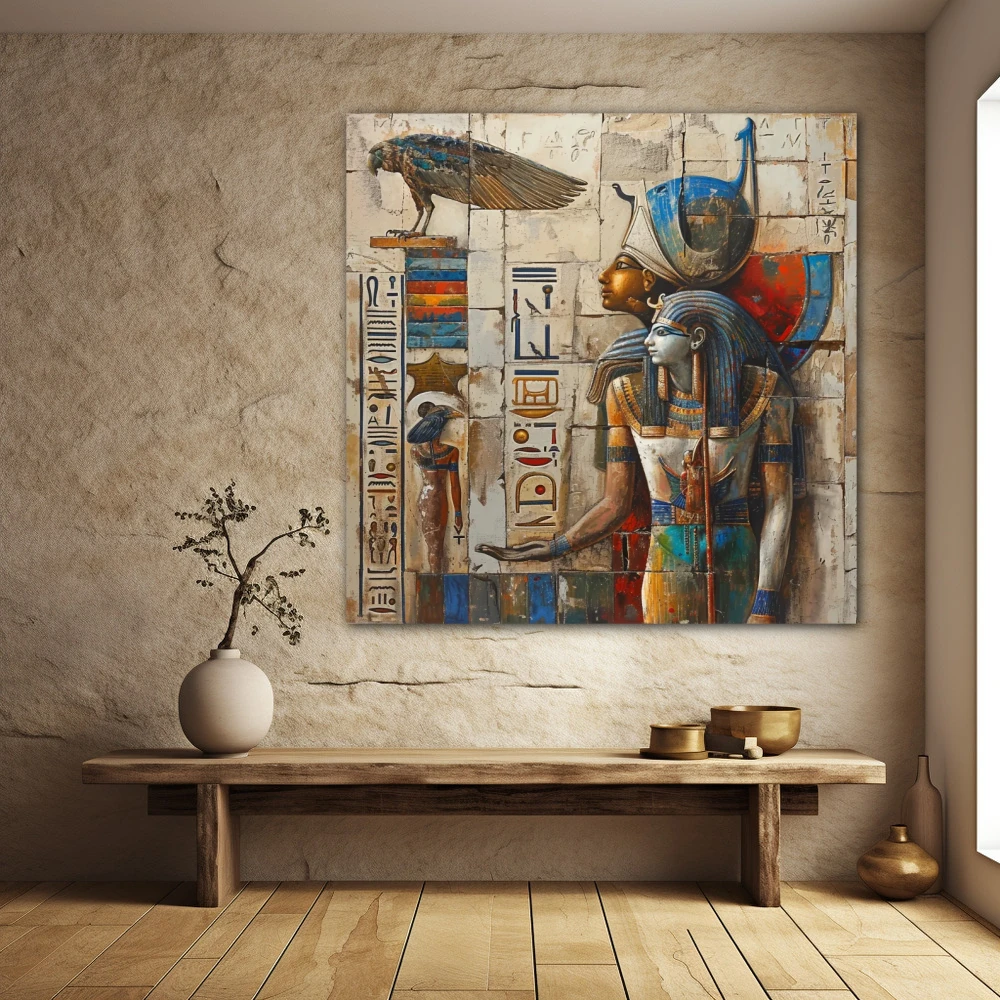 Wall Art titled: Between Gods and Men in a Square format with: Blue, white, and Golden Colors; Decoration the Stone Walls wall