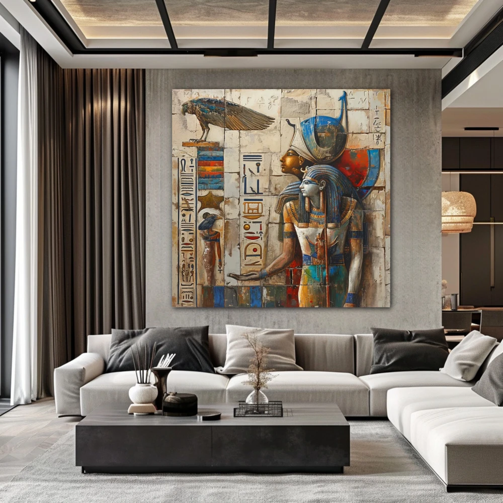 Wall Art titled: Between Gods and Men in a Square format with: Blue, white, and Golden Colors; Decoration the Living Room wall