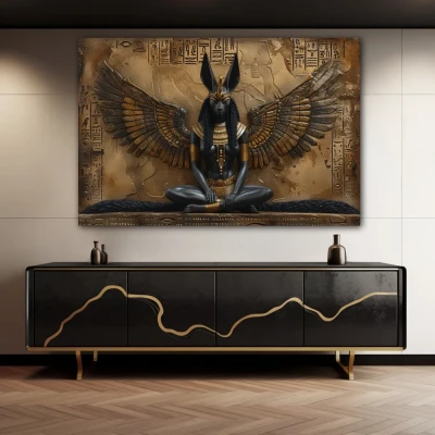 Wall Art titled: Silence of Anubis in a Horizontal format with: Golden, Brown, and Black Colors; Decoration the Sideboard wall