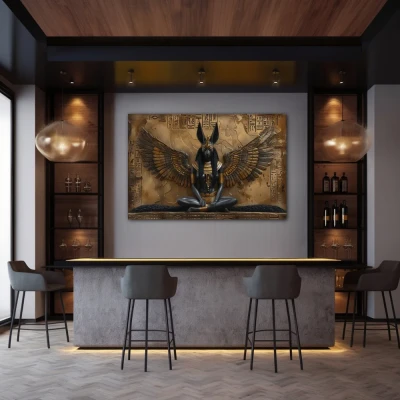 Wall Art titled: Silence of Anubis in a Horizontal format with: Golden, Brown, and Black Colors; Decoration the Bar wall