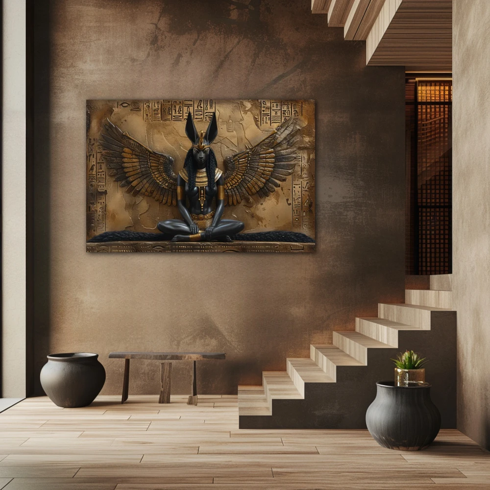 Wall Art titled: Silence of Anubis in a Horizontal format with: Golden, Brown, and Black Colors; Decoration the Staircase wall