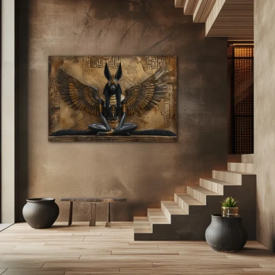 Wall Art titled: Silence of Anubis in a Horizontal format with: Golden, Brown, and Black Colors; Decoration the Staircase wall