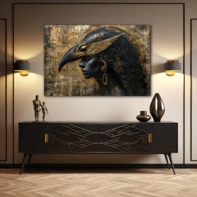 Wall Art titled: Golden God Horus in a  format with: Golden, and Brown Colors; Decoration the Sideboard wall