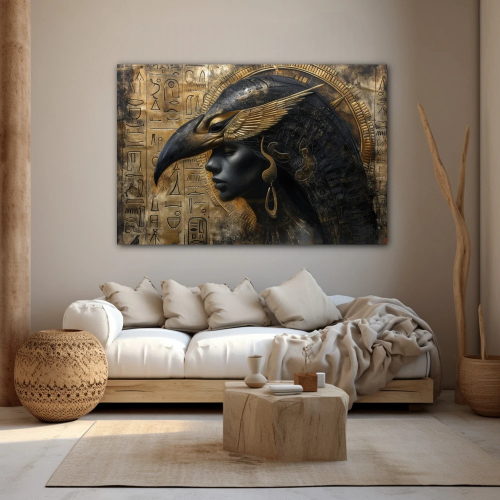 Wall Art titled: Golden God Horus in a Horizontal format with: Golden, and Brown Colors; Decoration the Beige Wall wall