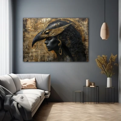 Wall Art titled: Golden God Horus in a  format with: Golden, and Brown Colors; Decoration the Grey Walls wall