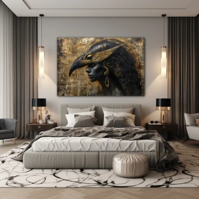 Wall Art titled: Golden God Horus in a  format with: Golden, and Brown Colors; Decoration the Bedroom wall