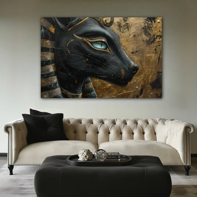 Wall Art titled: Portrait of Bastet in a  format with: Sky blue, Golden, and Black Colors; Decoration the Above Couch wall