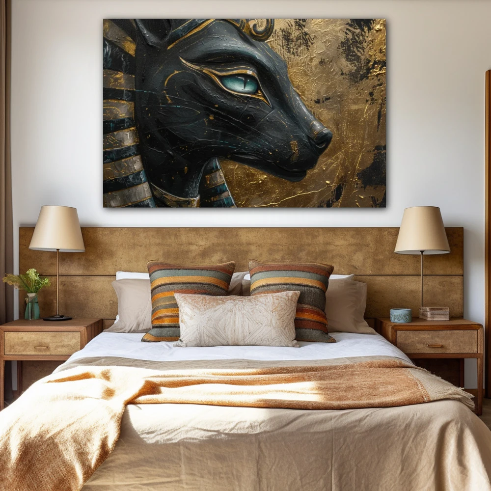 Wall Art titled: Portrait of Bastet in a Horizontal format with: Sky blue, Golden, and Black Colors; Decoration the Bedroom wall