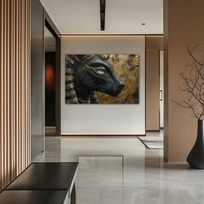 Wall Art titled: Portrait of Bastet in a  format with: Sky blue, Golden, and Black Colors; Decoration the Hallway wall