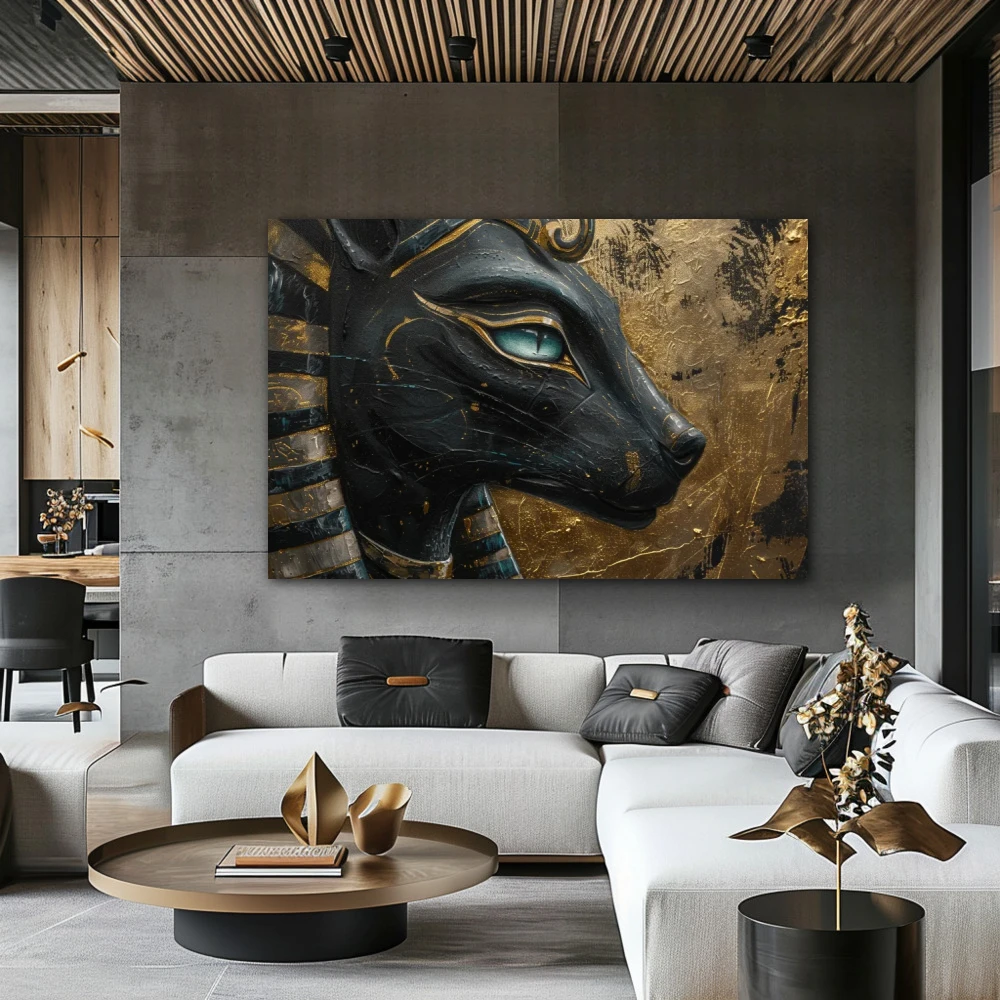 Wall Art titled: Portrait of Bastet in a Horizontal format with: Sky blue, Golden, and Black Colors; Decoration the Living Room wall