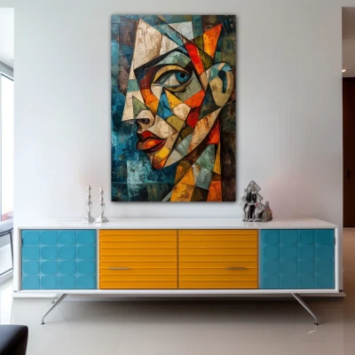 Wall Art titled: Fragments of the Essence in a  format with: Blue, Sky blue, and Orange Colors; Decoration the Sideboard wall