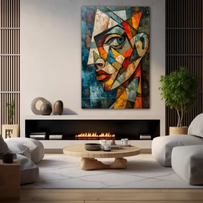 Wall Art titled: Fragments of the Essence in a  format with: Blue, Sky blue, and Orange Colors; Decoration the Fireplace wall