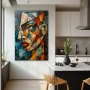 Wall Art titled: Fragments of the Essence in a Vertical format with: Blue, Sky blue, and Orange Colors; Decoration the Kitchen wall