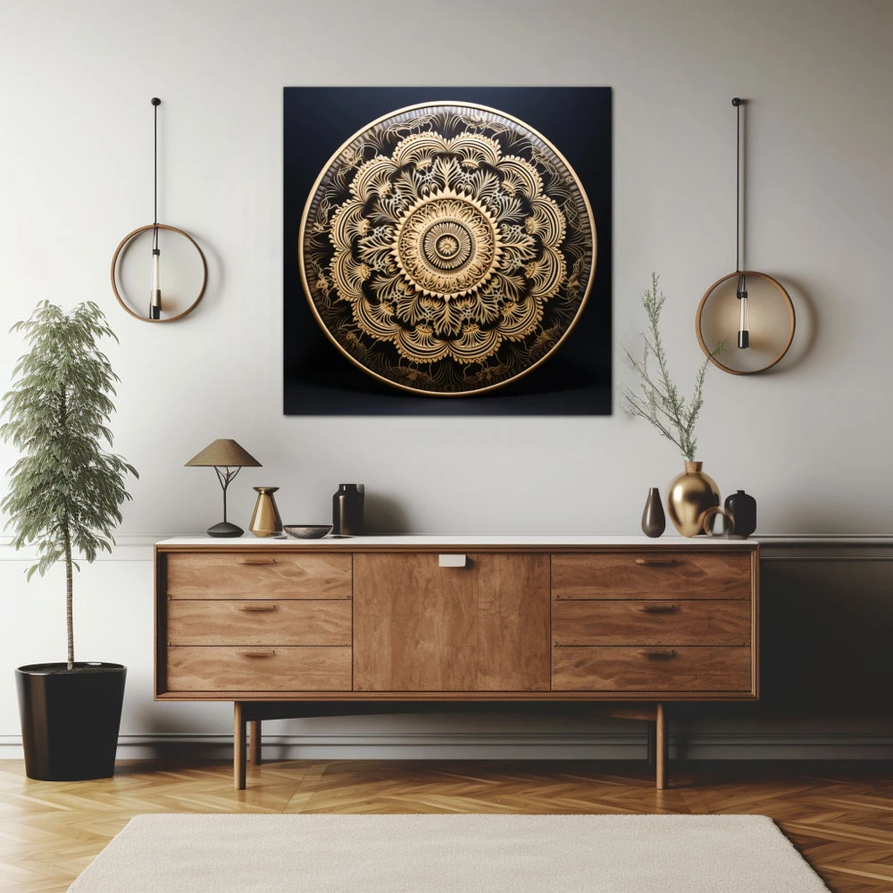 Cuadro armonía espiritual en formato cuadrado con colores negro, beige; decorando pared de aparador