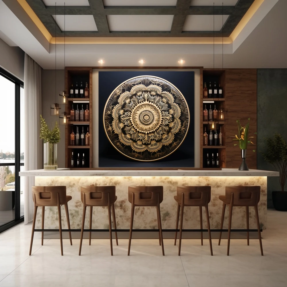 Wall Art titled: Spiritual Harmony in a Square format with: Black, and Beige Colors; Decoration the Bar wall
