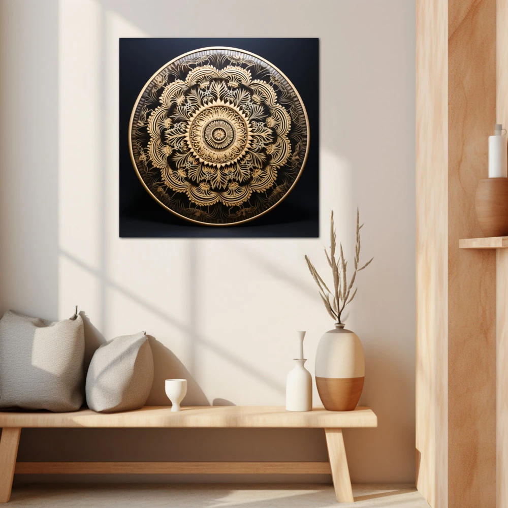 Wall Art titled: Spiritual Harmony in a Square format with: Black, and Beige Colors; Decoration the Beige Wall wall