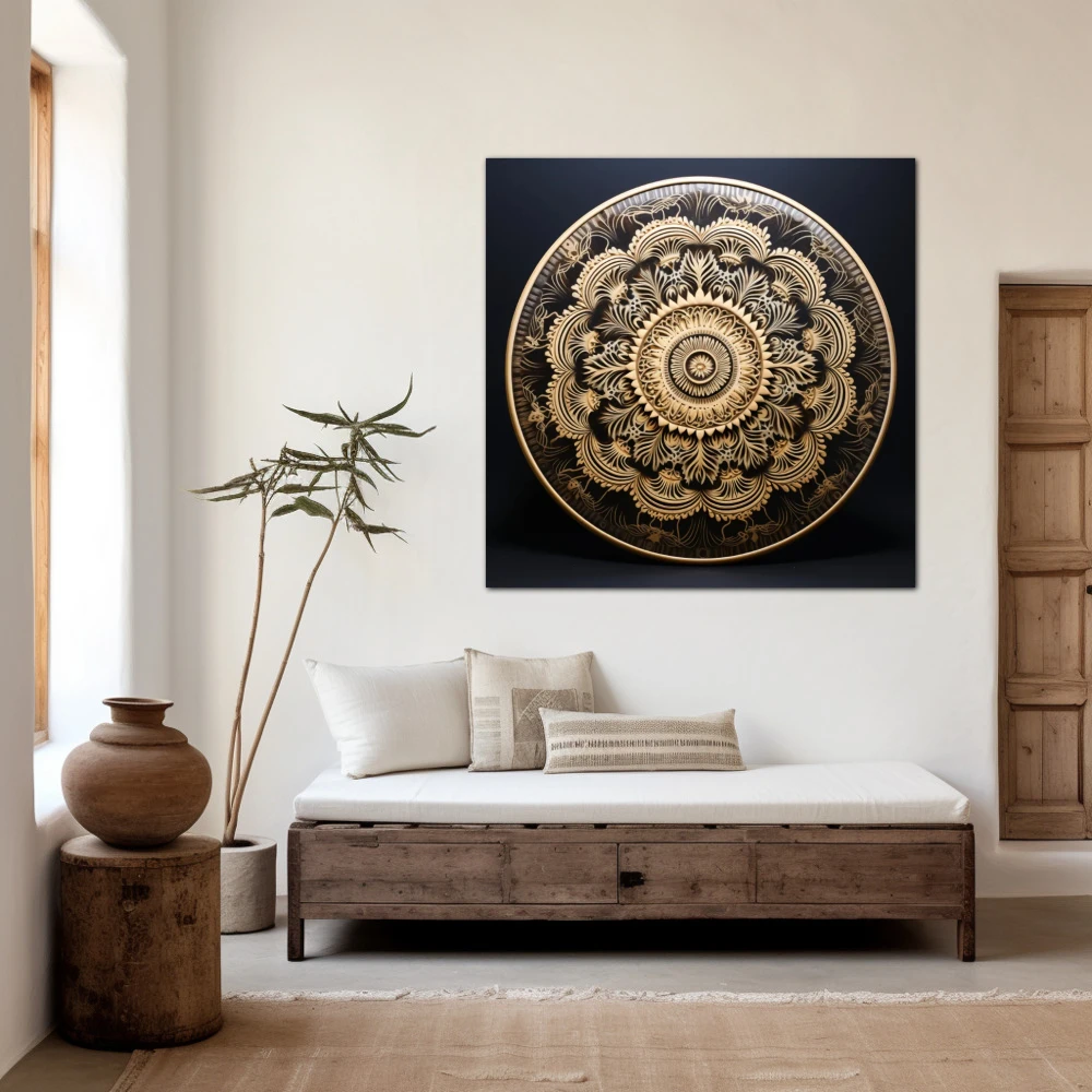 Cuadro armonía espiritual en formato cuadrado con colores negro, beige; decorando pared blanca