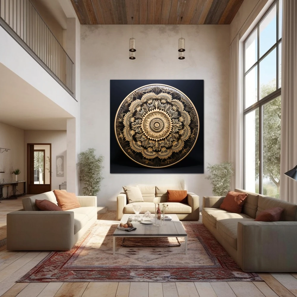 Cuadro armonía espiritual en formato cuadrado con colores negro, beige; decorando pared de encima del sofá