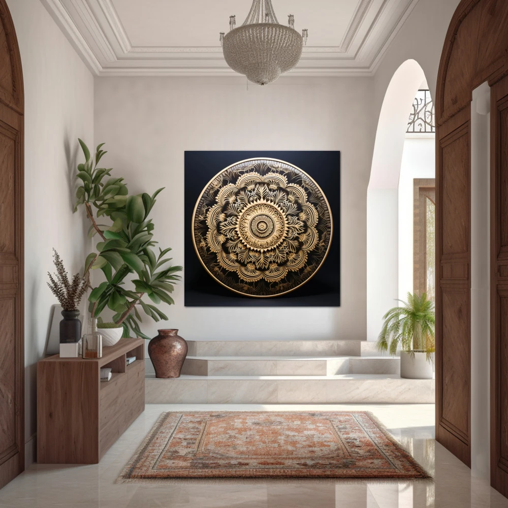 Cuadro armonía espiritual en formato cuadrado con colores negro, beige; decorando pared de entrada y recibidor