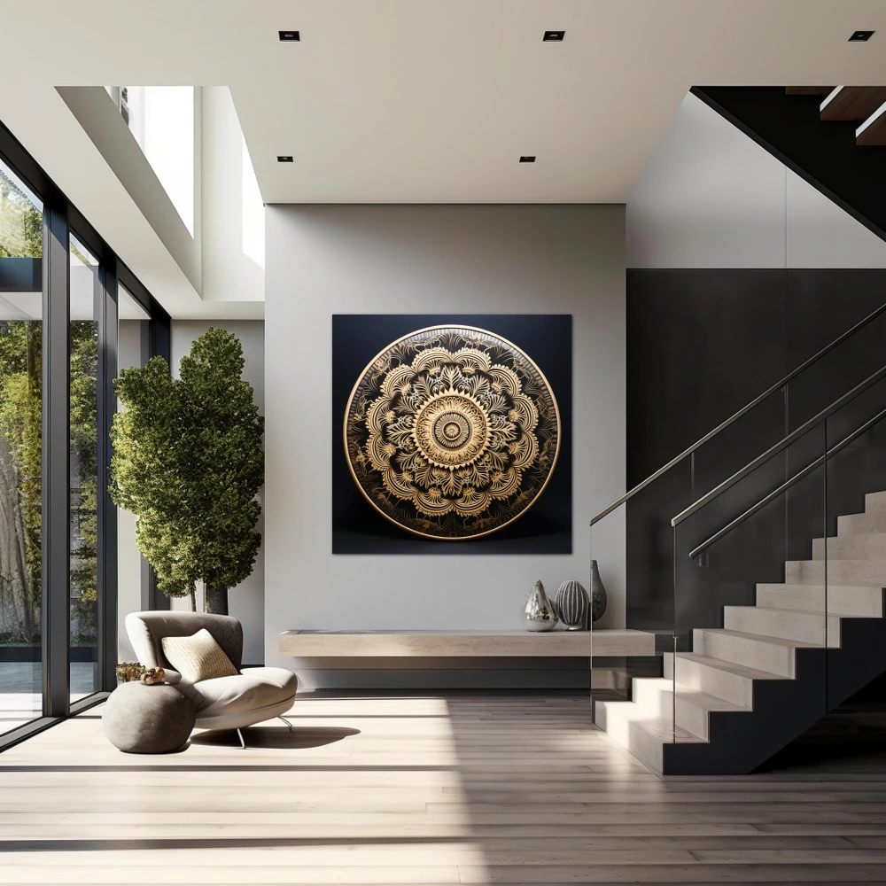 Wall Art titled: Spiritual Harmony in a Square format with: Black, and Beige Colors; Decoration the Staircase wall