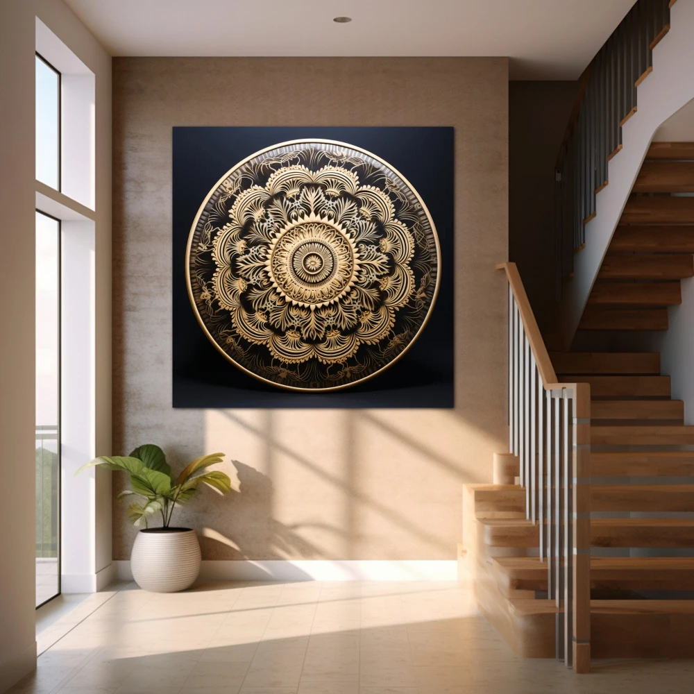 Cuadro armonía espiritual en formato cuadrado con colores negro, beige; decorando pared de escalera