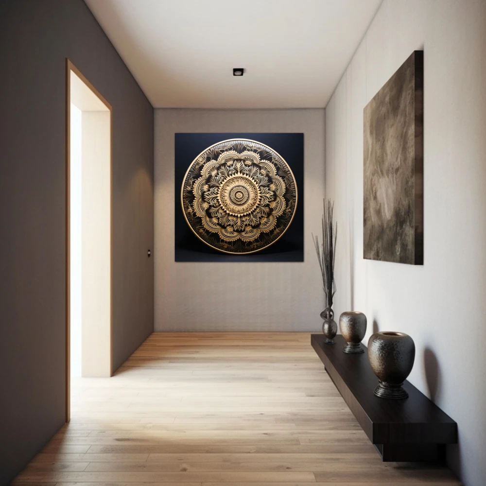 Cuadro armonía espiritual en formato cuadrado con colores negro, beige; decorando pared de pasillo