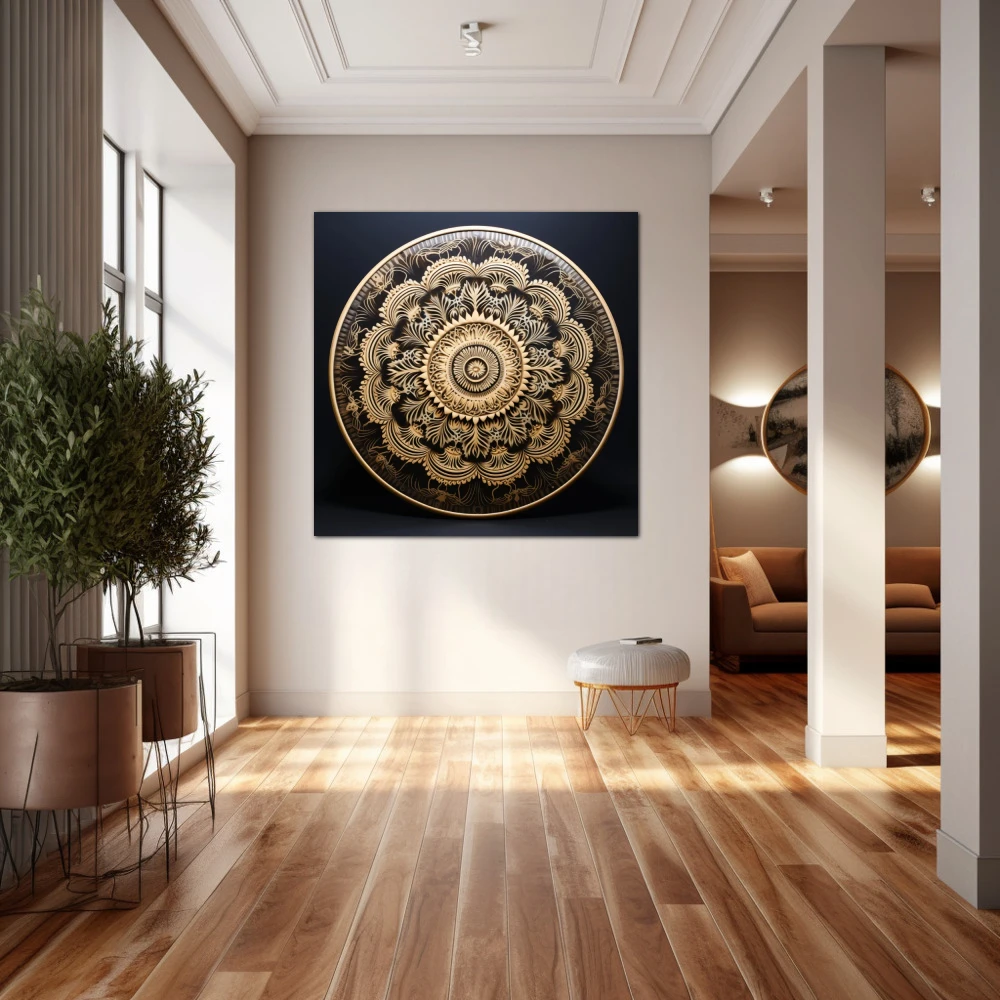 Cuadro armonía espiritual en formato cuadrado con colores negro, beige; decorando pared de pasillo
