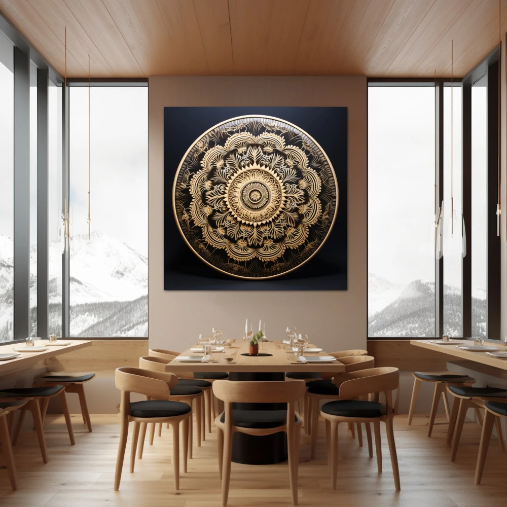 Wall Art titled: Spiritual Harmony in a Square format with: Black, and Beige Colors; Decoration the Restaurant wall