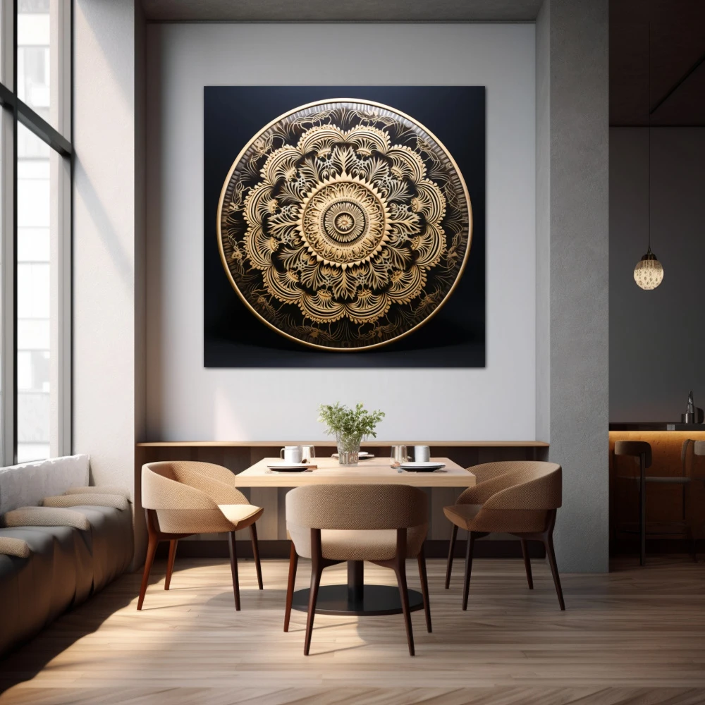 Wall Art titled: Spiritual Harmony in a Square format with: Black, and Beige Colors; Decoration the Restaurant wall