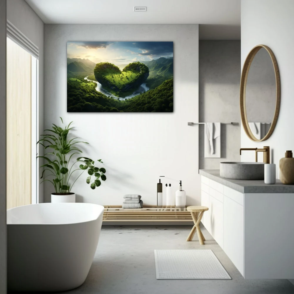 Cuadro amor por la naturaleza en formato horizontal con colores verde; decorando pared de baño