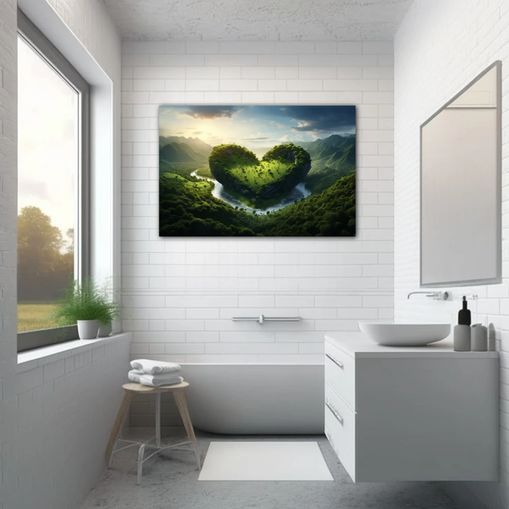 Wall Art titled: Love for Nature in a Horizontal format with: and Green Colors; Decoration the Bathroom wall