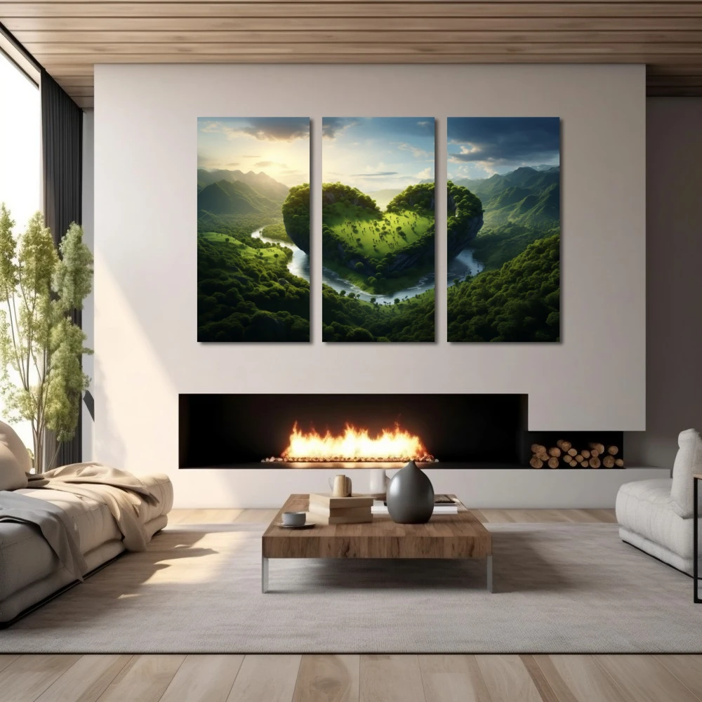 Wall Art titled: Love for Nature in a Horizontal format with: and Green Colors; Decoration the Fireplace wall