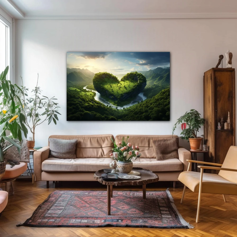 Wall Art titled: Love for Nature in a Horizontal format with: and Green Colors; Decoration the Above Couch wall