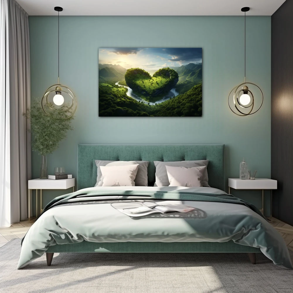 Cuadro amor por la naturaleza en formato horizontal con colores verde; decorando pared de habitación dormitorio
