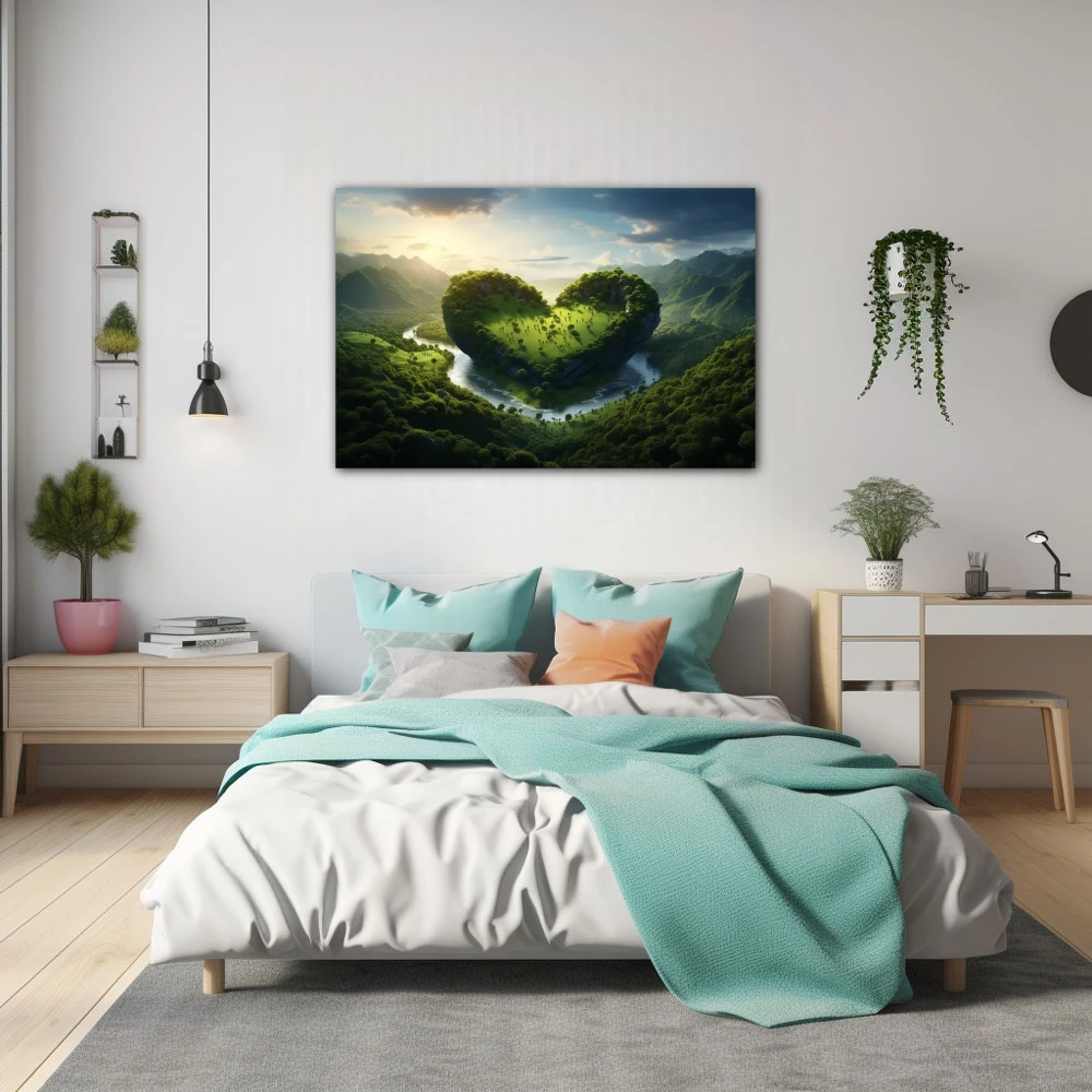 Cuadro amor por la naturaleza en formato horizontal con colores verde; decorando pared de habitación dormitorio