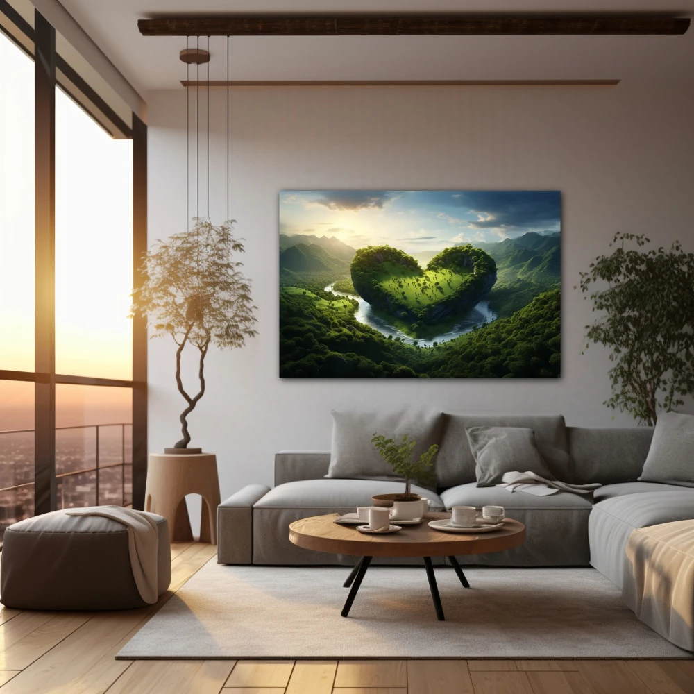 Cuadro amor por la naturaleza en formato horizontal con colores verde; decorando pared de salón comedor