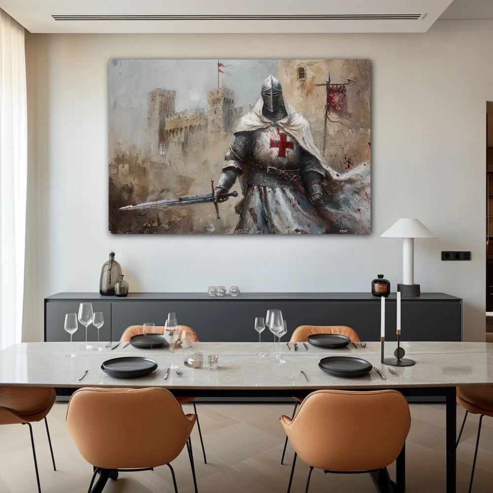 Cuadro acero y credo en formato horizontal con colores gris, marrón, rojo; decorando pared de salón comedor