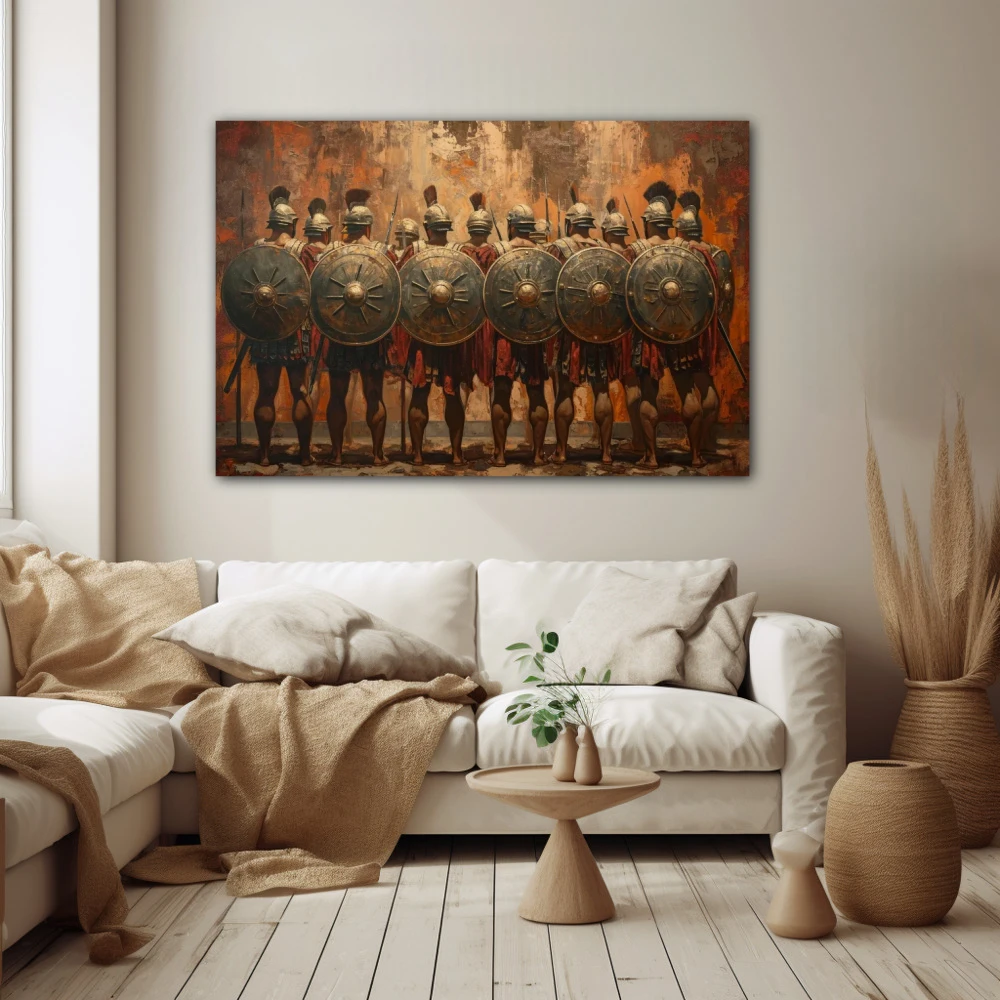 Wall Art titled: Guardians of Duty in a Horizontal format with: Brown, and Monochromatic Colors; Decoration the Beige Wall wall